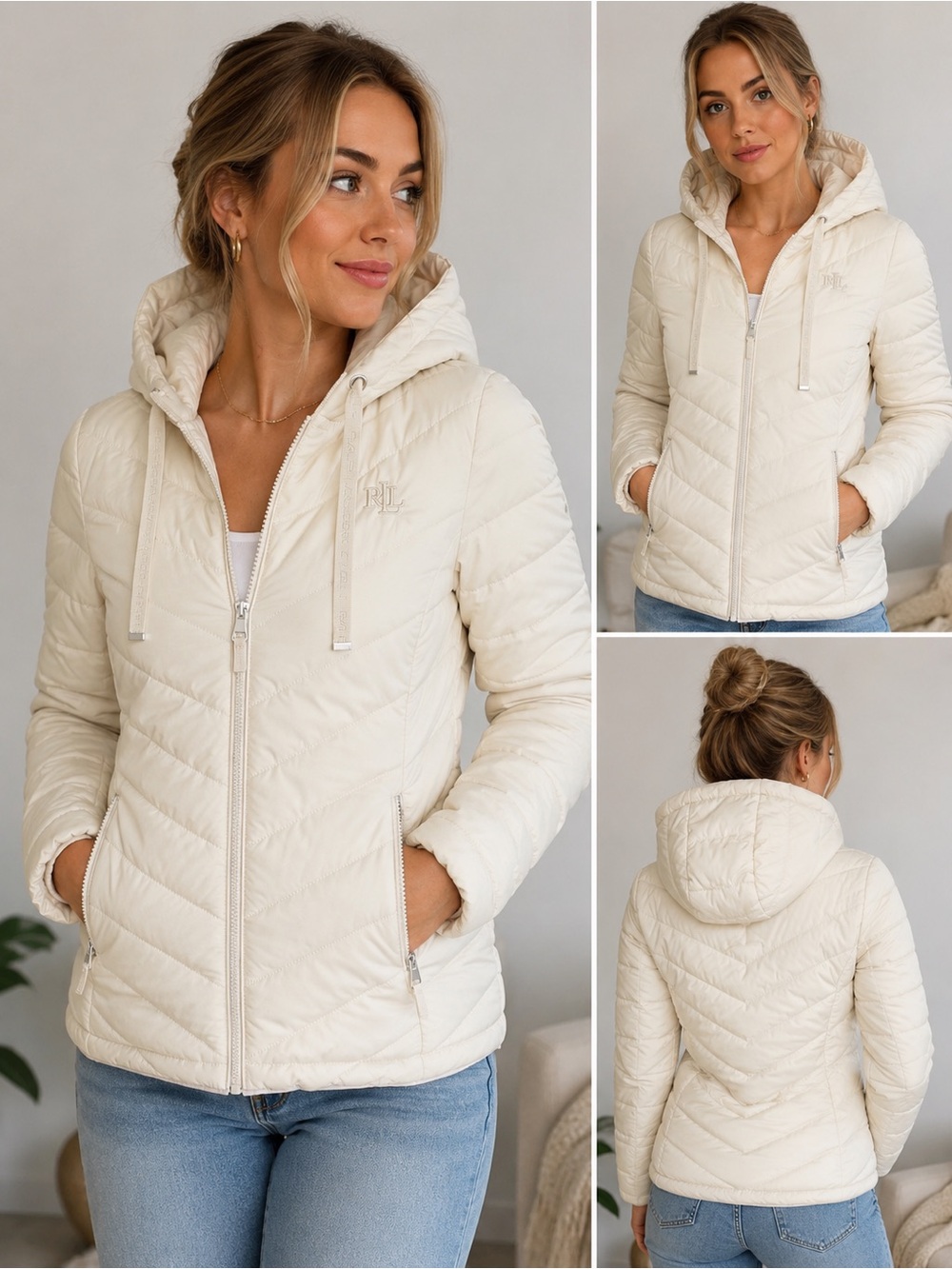 Lauren Ralph Lauren Cream Hooded Puffer Jacket Size Small